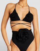 Rose Applique Wrap Tie Halterneck Triangle High-Wasited Bikini Set
