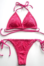 Hot Pink Floral Terry Towel Halter Triangle Tie Side Bikini Set