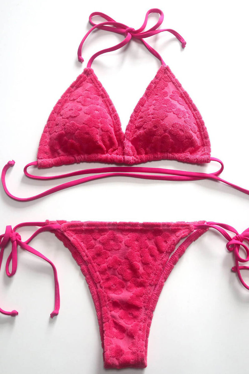 Hot Pink Floral Terry Towel Halter Triangle Tie Side Bikini Set