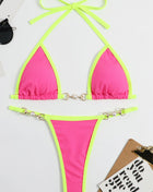 Ribbed Contrast Halter Triangle G-String Brazilian Bikini Set