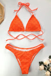 Orange Checkered Terry Towel Halter Triangle High-Cut Bikini Set
