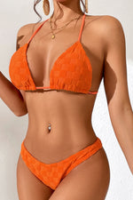 Orange Checkered Terry Towel Halter Triangle High-Cut Bikini Set