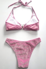 Pink Velvet Halter Bikini Set With Heart Ring Detail
