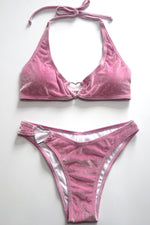 Pink Velvet Halter Bikini Set With Heart Ring Detail