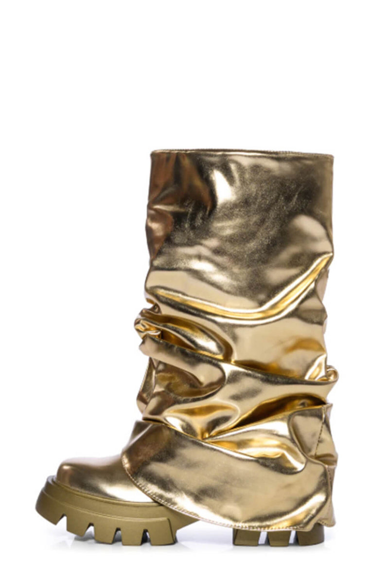 Metallic Scrunched Foldover Mid Calf Flatform Chunky Boots - Gold