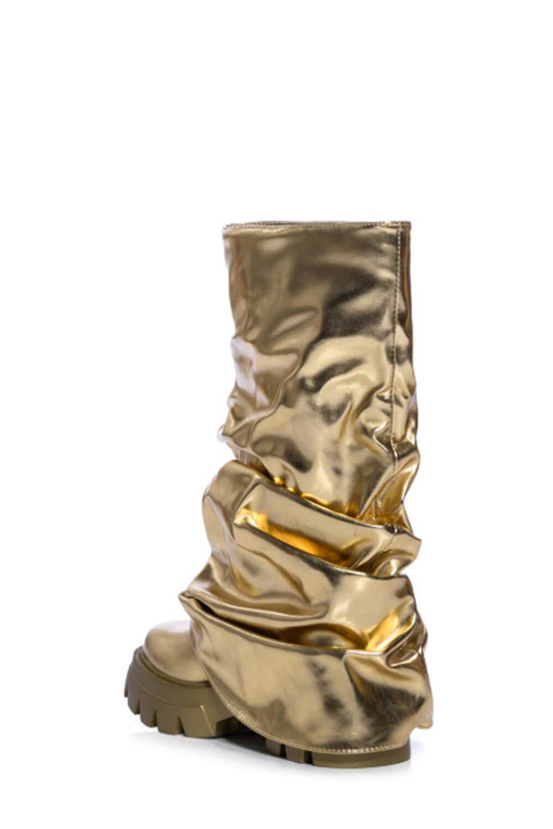 Metallic Scrunched Foldover Mid Calf Flatform Chunky Boots - Gold