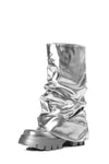 Metallic Scrunched Foldover Mid Calf Flatform Chunky Boots - Silver