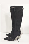 Denim Knee High Pointed Toe Stiletto Boots With Studs And Pin Buckle Strap Details - Black