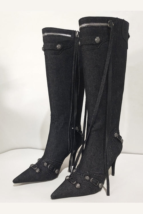 Denim Knee High Pointed Toe Stiletto Boots With Studs And Pin Buckle Strap Details - Black