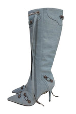 Denim Knee High Pointed Toe Stiletto Boots With Studs And Pin Buckle Strap Details - Light Blue