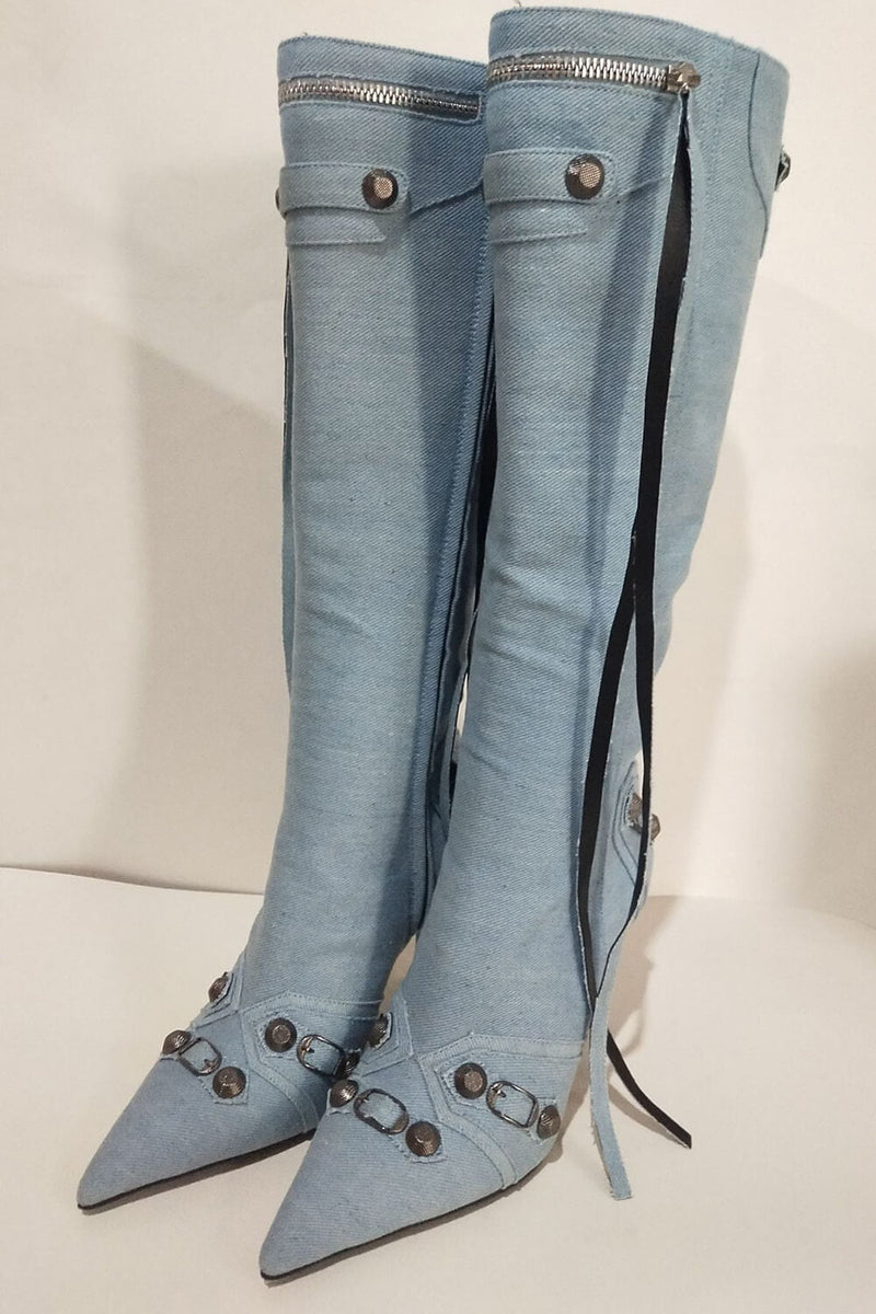 Denim Knee High Pointed Toe Stiletto Boots With Studs And Pin Buckle Strap Details - Light Blue