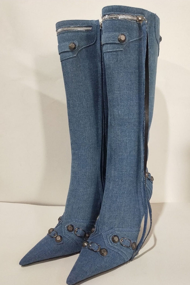 Denim Knee High Pointed Toe Stiletto Boots With Studs And Pin Buckle Strap Details - Dark Blue
