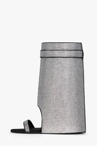 Gem Embellished Diamante Padlock Folded Cutout Wedge Heeled Sandals - Black