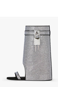 Gem Embellished Diamante Padlock Folded Cutout Wedge Heeled Sandals - Black