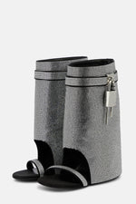 Gem Embellished Diamante Padlock Folded Cutout Wedge Heeled Sandals -Black