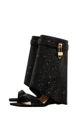 Gem Embellished Diamante Padlock Fold Over Wedge Heeled Sandals -Black