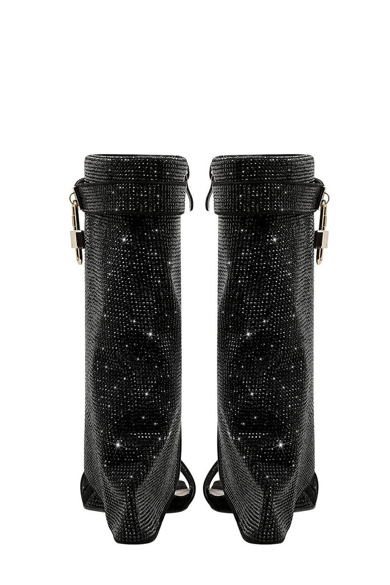 Gem Embellished Diamante Padlock Fold Over Wedge Heeled Sandals - Black