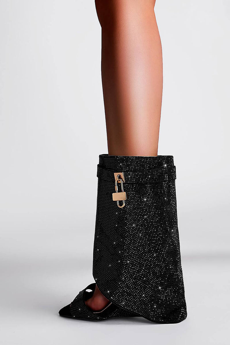 Gem Embellished Diamante Padlock Fold Over Wedge Heeled Sandals - Black