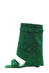 Gem Embellished Diamante Padlock Fold Over Wedge Heeled Sandals-Green