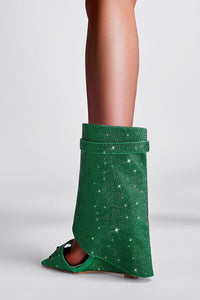 Gem Embellished Diamante Padlock Fold Over Wedge Heeled Sandals - Green