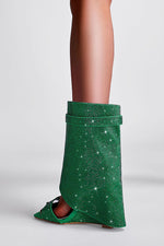 Gem Embellished Diamante Padlock Fold Over Wedge Heeled Sandals-Green