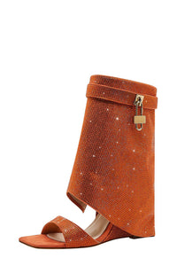 Gem Embellished Diamante Padlock Fold Over Wedge Heeled Sandals - Orange