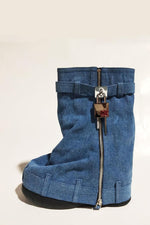 Wrapped Denim Padlock Detail Folded Wedge Heel Mid Calf Chunky Biker Boots - Dark Blue