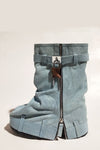 Wrapped Denim Padlock Detail Folded Wedge Heel Mid Calf Chunky Biker Boots - Light Blue