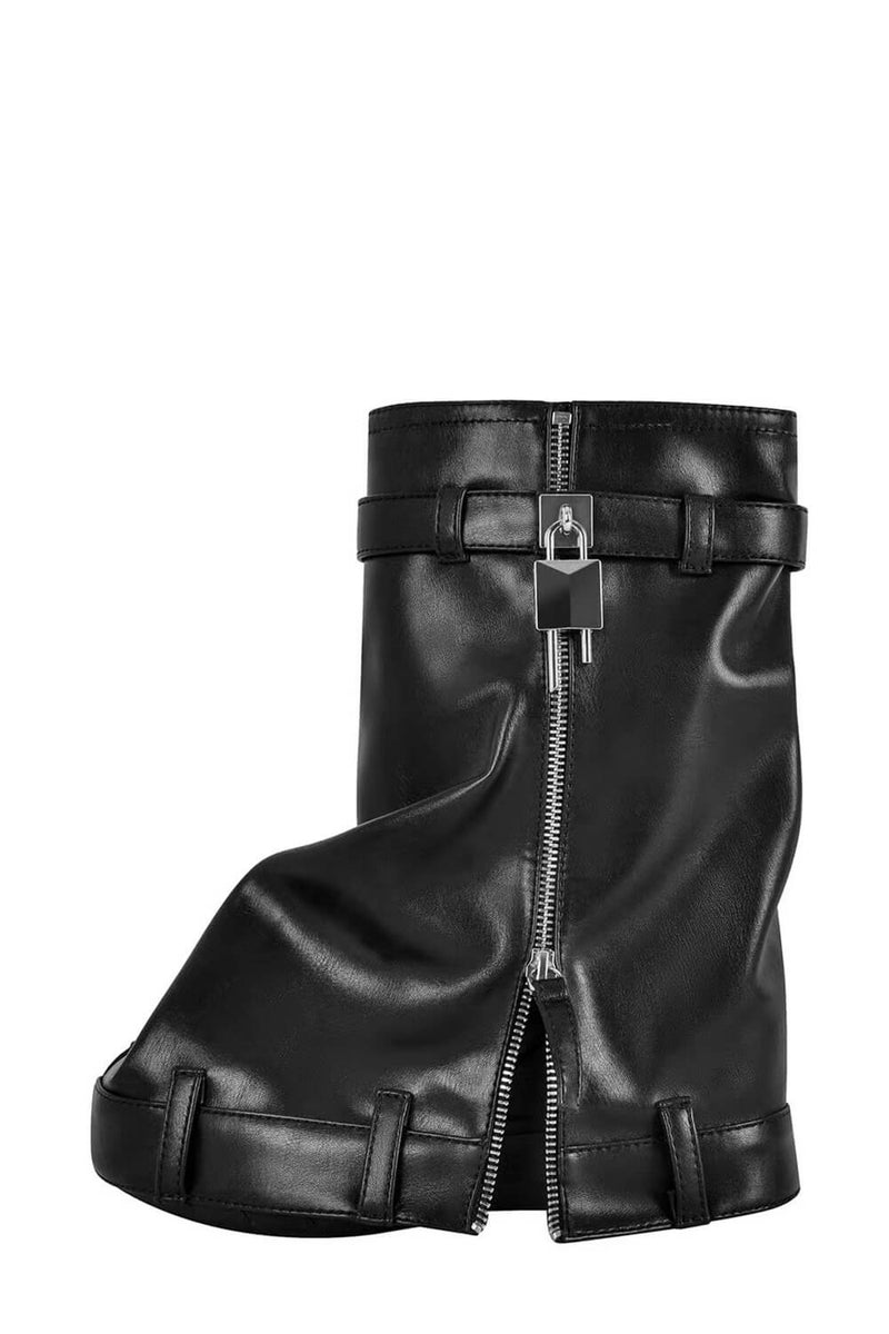 Wrapped Faux Leather Padlock Detail Folded Wedge Heel Mid Calf Chunky Biker Boots - Black