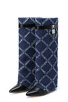 Denim Padlock Detail Fold Over Pointed Toe Wedge Heeled Boots - Dark Blue