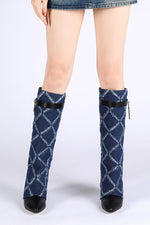 Denim Padlock Detail Fold Over Pointed Toe Wedge Heeled Boots - Dark Blue