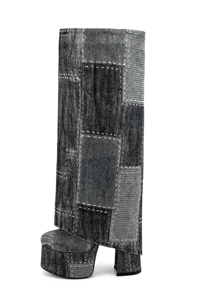 Denim Patchwork Fold Over Square Toe Block Heeled Boots - Black
