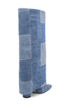 Denim Patchwork Fold Over Square Toe Block Heeled Boots - Dark Blue