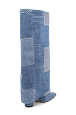 Denim Patchwork Fold Over Square Toe Block Heeled Boots - Dark Blue