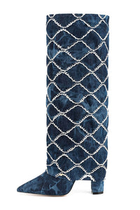 Denim Sequin-Embellished Fold Over Pointed Toe Block Heeled Boots - Dark Blue