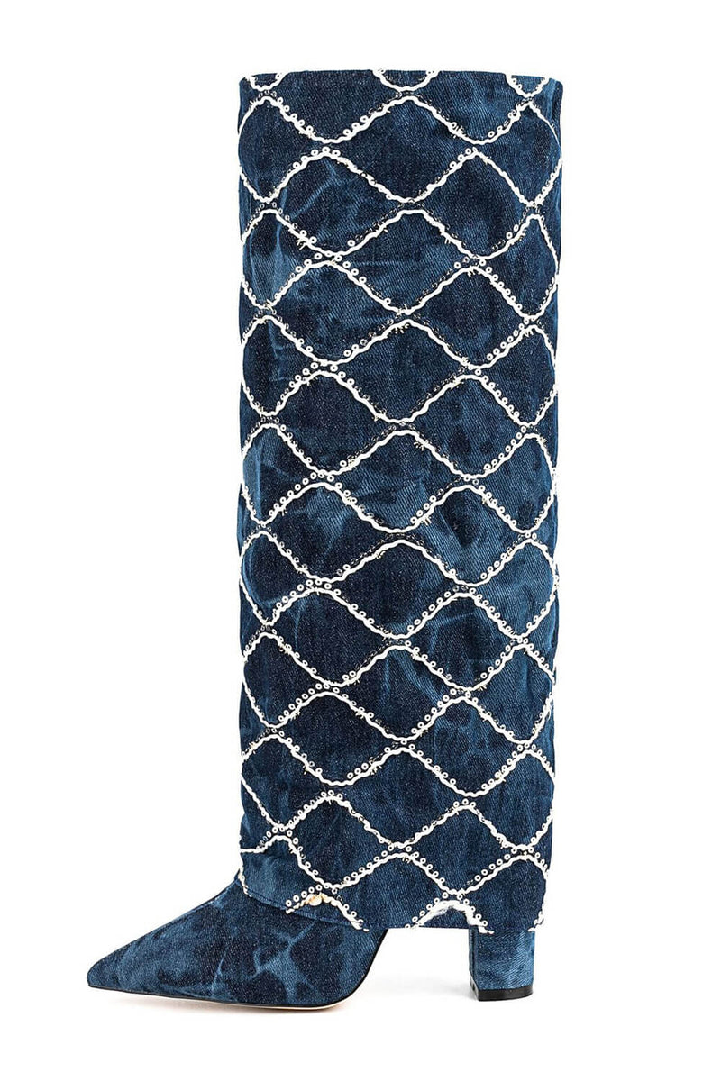 Denim Sequin-Embellished Fold Over Pointed Toe Block Heeled Boots - Dark Blue