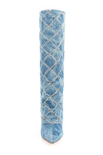 Denim Sequin-Embellished Fold Over Pointed Toe Block Heeled Boots - Light Blue