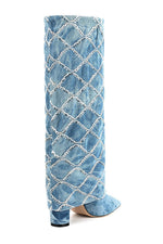Denim Sequin-Embellished Fold Over Pointed Toe Block Heeled Boots - Light Blue