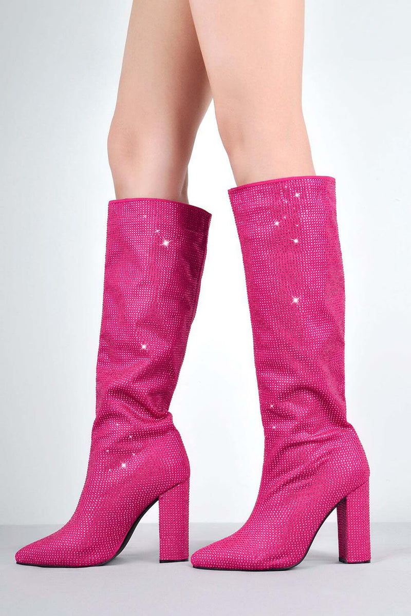 Glitter Knee High Pointed Toe Block Heeled Boots - Hot Pink
