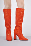 Glitter Knee High Pointed Toe Block Heeled Boots - Orange
