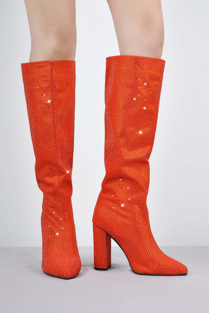 Glitter Knee High Pointed Toe Block Heeled Boots - Orange