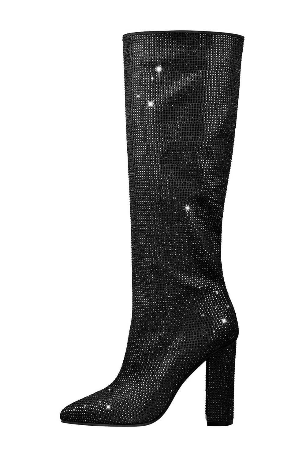 Glitter Knee High Pointed Toe Block Heeled Boots - Black