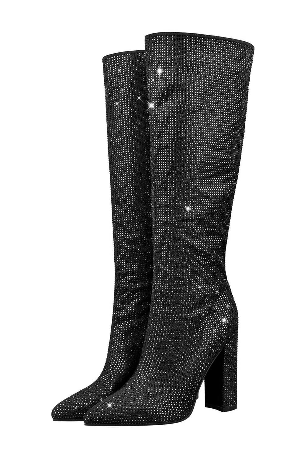 Glitter Knee High Pointed Toe Block Heeled Boots - Black