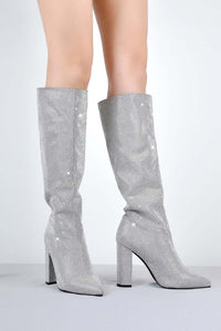 Glitter Knee High Pointed Toe Block Heeled Boots - Silver