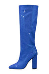 Glitter Knee High Pointed Toe Block Heeled Boots - Blue