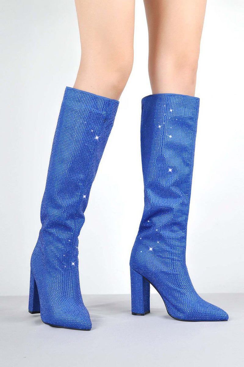 Glitter Knee High Pointed Toe Block Heeled Boots - Blue