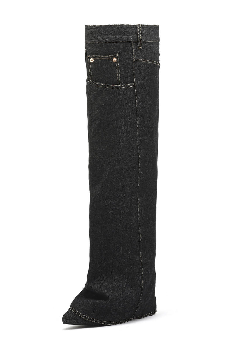Denim Folded Pointed Toe Block Heel Over The Knee Pocket Boots - Black