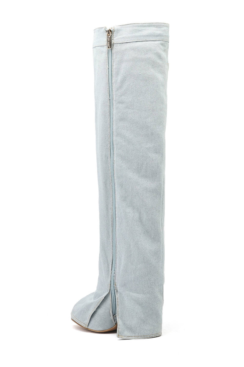 Denim Folded Pointed Toe Block Heel Over The Knee Pocket Boots - Light Blue