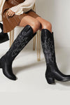 Leather Western Cowboy Almond Toe Knee High Block Heeled Boots - Black
