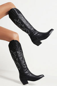 Leather Western Cowboy Almond Toe Knee High Block Heeled Boots - Black
